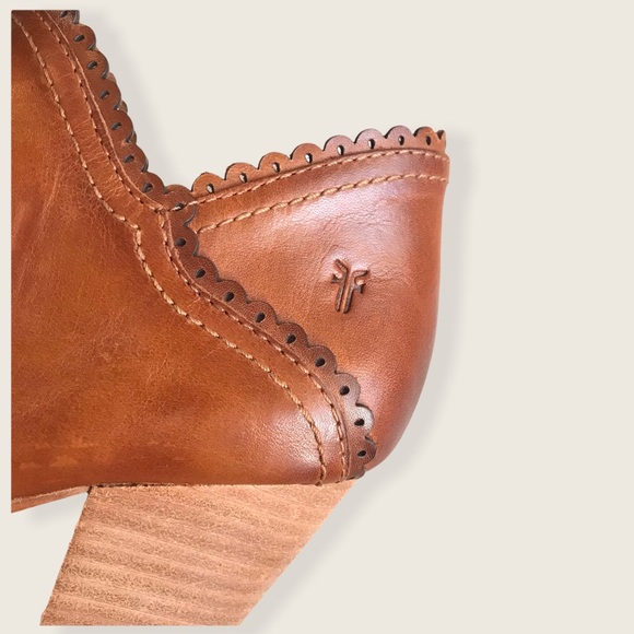 Frye Reed Scallop Cognac Leather Heeled Ankle Boot - Picture 12 of 16